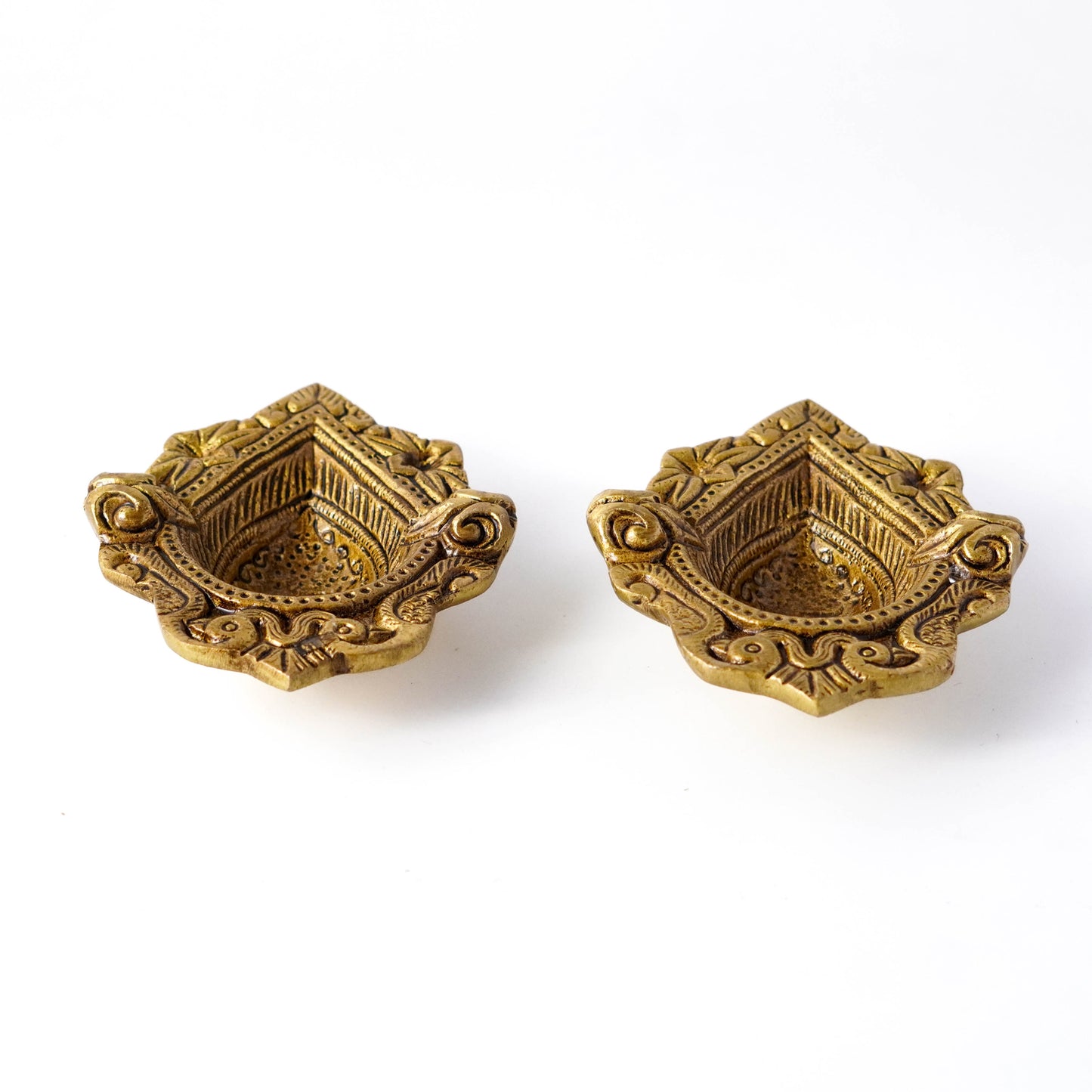 Swastika Brass Diya, Detailed Deepak, Set of 2 | VARYRA - VARYRA