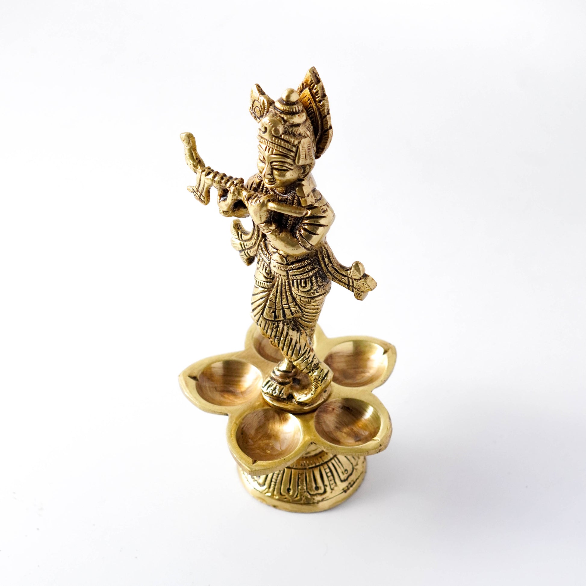 Handmade Brass Krishna Panch Diya - Antique Mandir Decoration | VARYRA - VARYRA