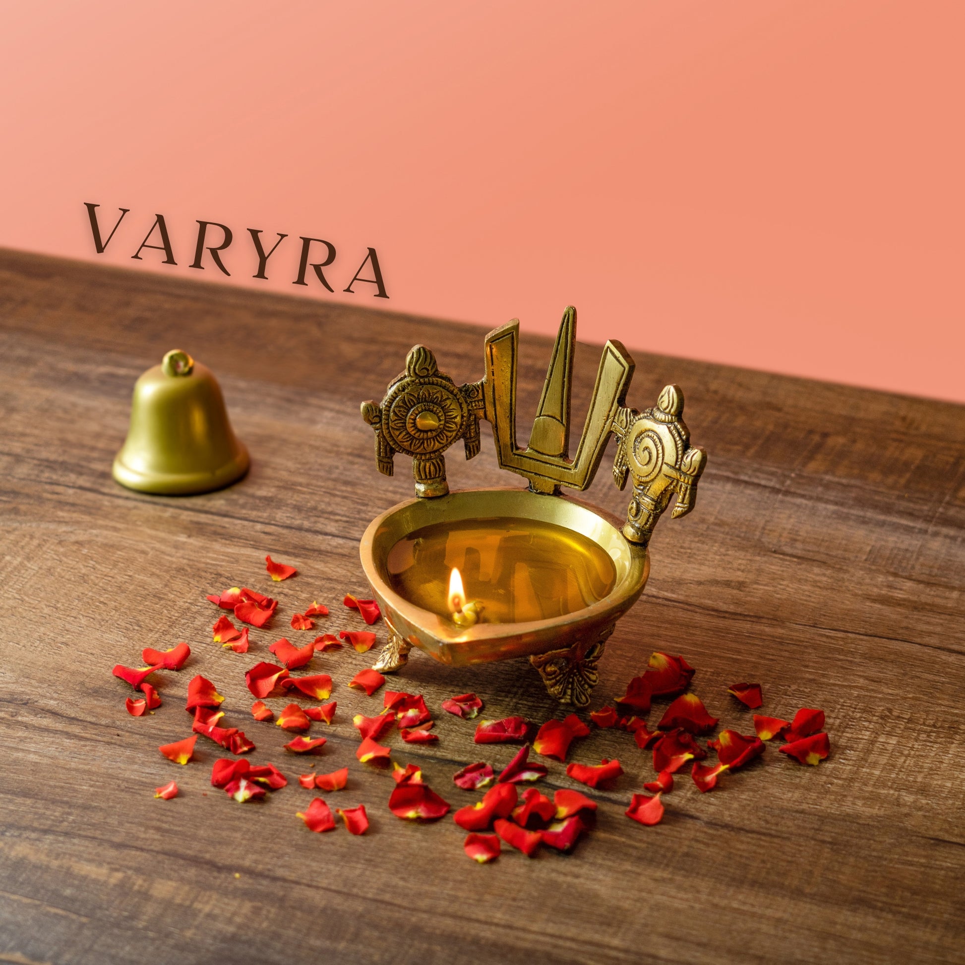 Shankh Chakra Tilak Diya, Engraved Brass Deepak | VARYRA - VARYRA