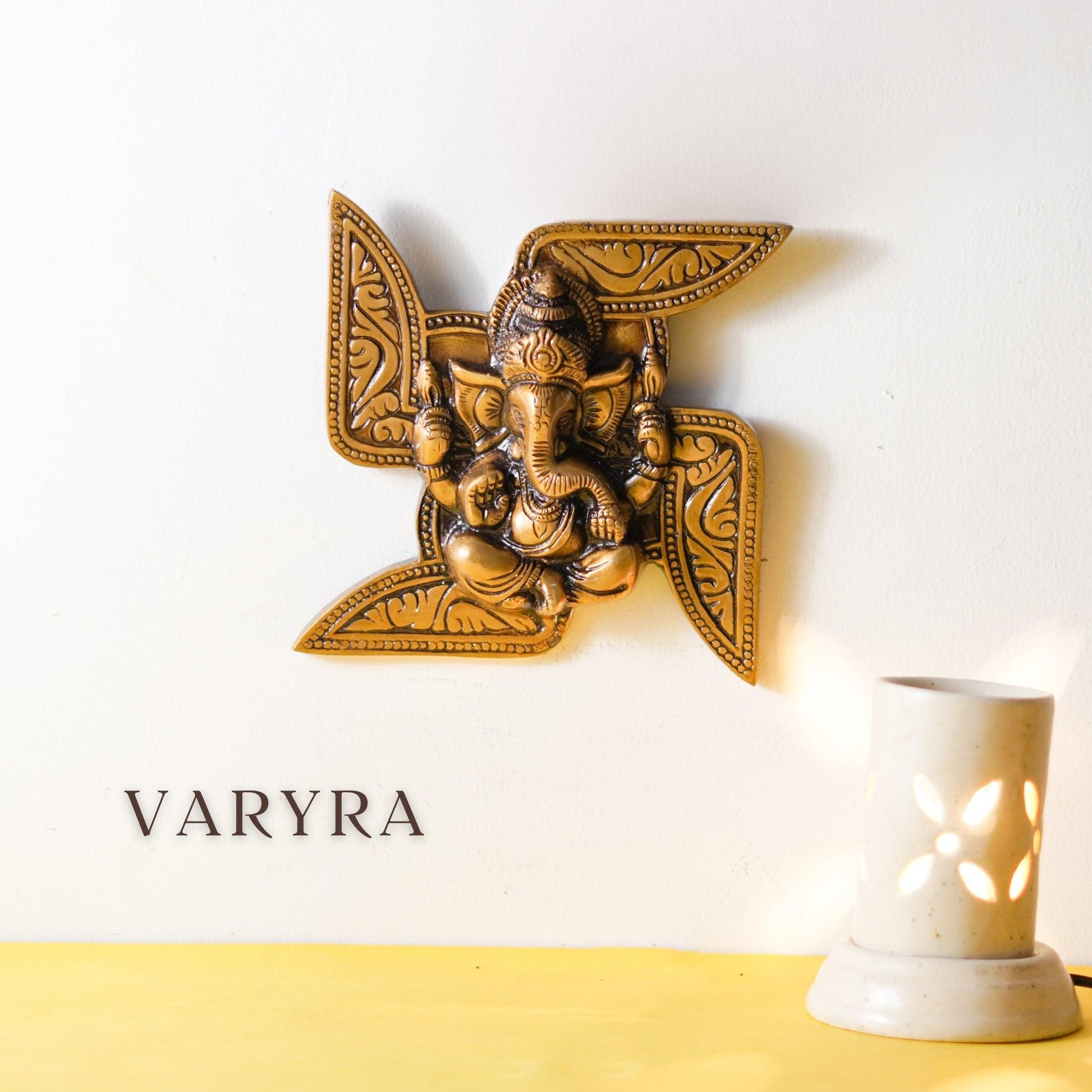 Ganesha on Swastika Wall Hanging, Brass Wall Decor | VARYRA - VARYRA