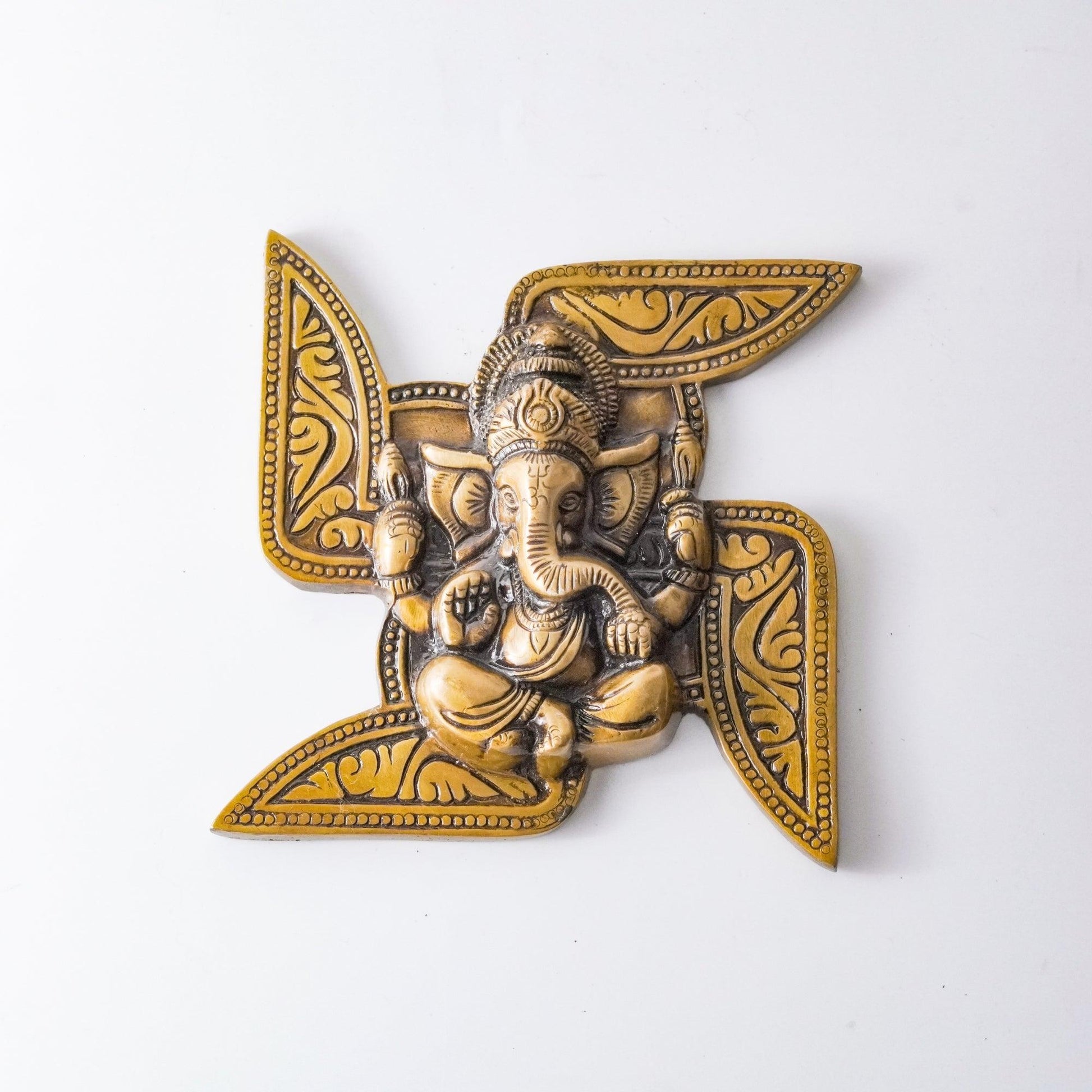 Ganesha on Swastika Wall Hanging, Brass Wall Decor | VARYRA - VARYRA