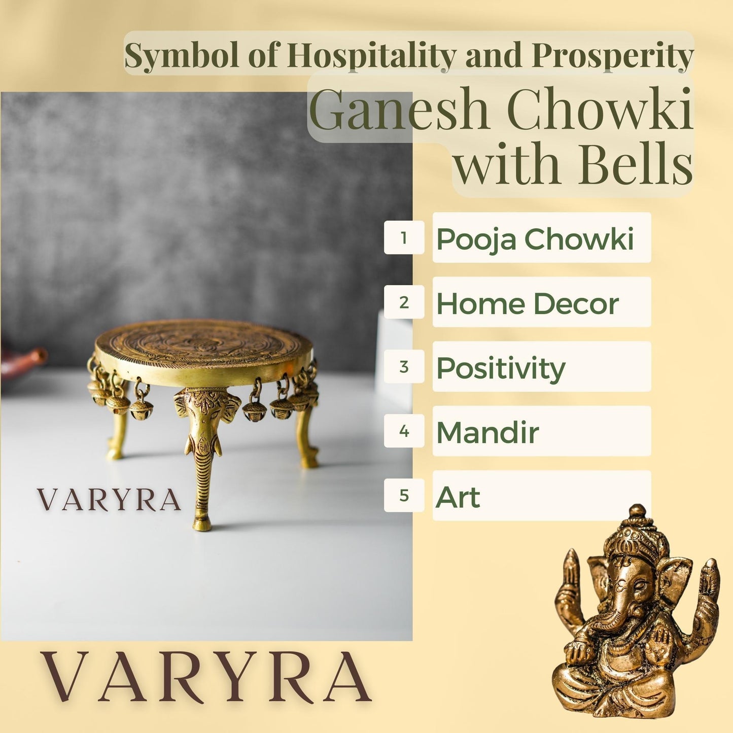 Ganesh Chowki with Bells, Traditional, Brass | VARYRA - VARYRA