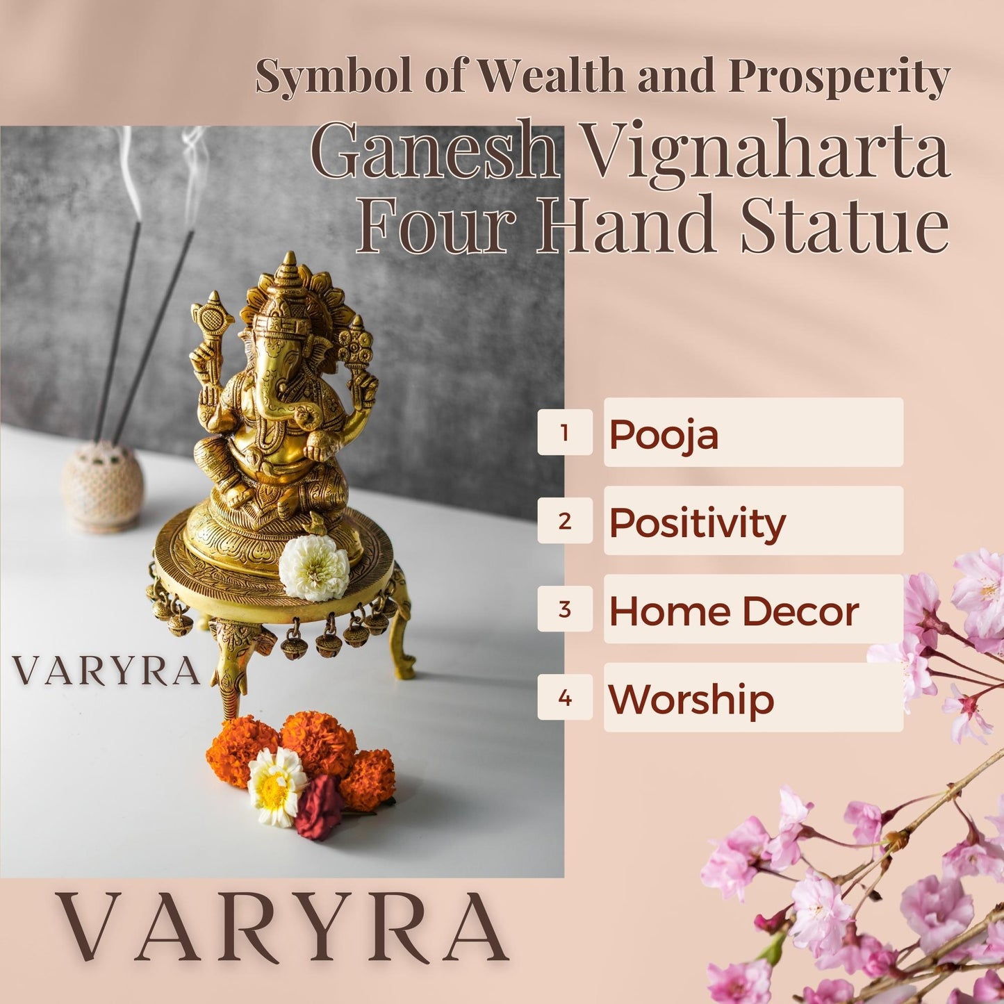 Ganesha Four Armed Traditional Statue, Brass | VARYRA - VARYRA