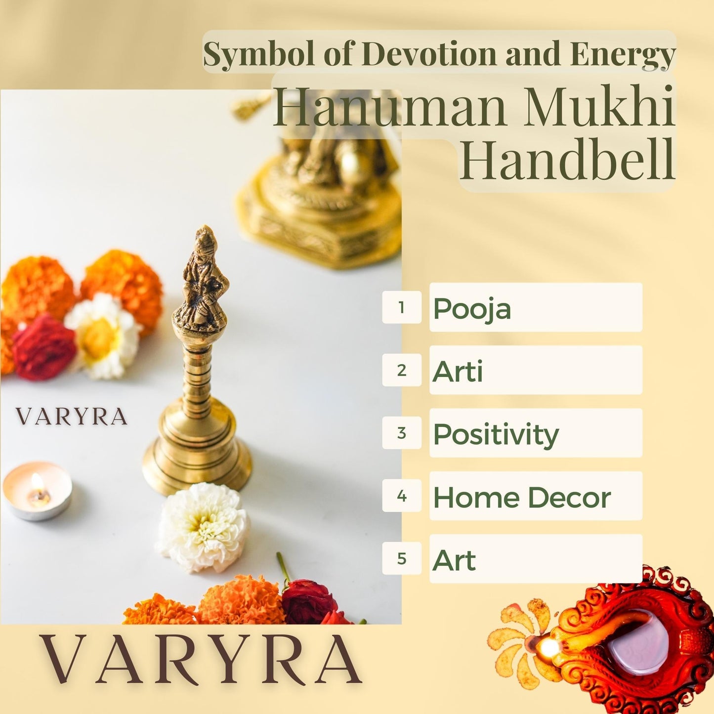 Hanuman Mukhi Puja Hand Bell, Brass Ghanti | VARYRA - VARYRA